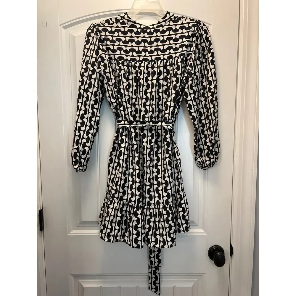 Zara Women’s V-Neck Long Sleeve Geometric Tie‎ Waist Mini Dress Sz M Black Beige